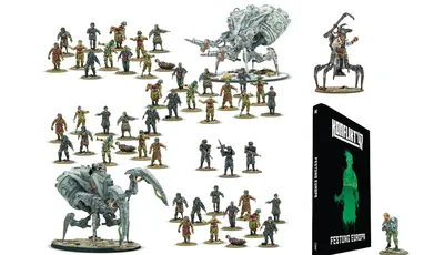 A collection of miniatures from Warlord Games' Konflikt ’47 is displayed, featuring various figures including soldiers, zombies, and mechanical creatures. Prominently featured is the book titled "Konflikt ’47: Festung Europa," which showcases a green silhouette on its cover. Among the miniatures, a notable figure in powered armor and a mechanical creature stand out, highlighting the game's unique blend of historical and fantastical elements.