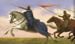 Two knights on horseback in medieval armor, charging. One holds a red flag, the other wields a lance. Blue and red cloaks with heraldic designs. Open battlefield with grassy terrain under a partly cloudy sky.