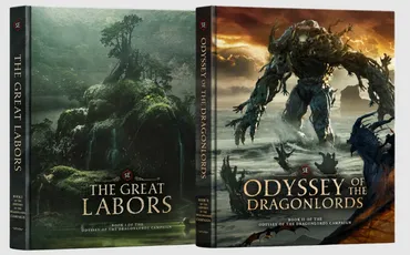 Two book covers: "The Great Labors" and "Odyssey of the Dragonlords" with fantasy art.