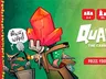 Cartoon gnome in armor holding a red crystal, text "Quartz THE CARD GAME PRESS YOUR LUCK"