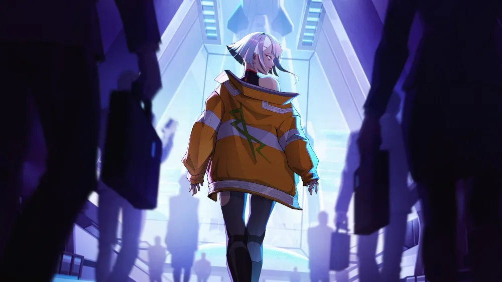 A person with long white hair, wearing a yellow jacket with green straps, black pants, and boots, walks away down a futuristic, dimly lit corridor lined with glowing blue panels and silhouetted figures.