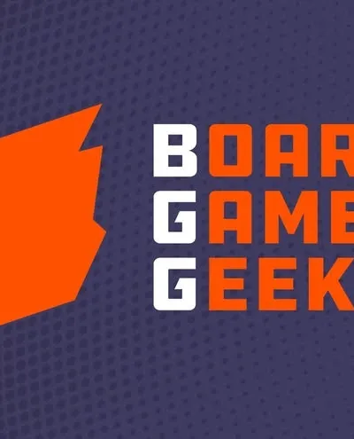 A bold logo for BoardGameGeek features the name in a modern font, with "BOARD" and "GEEK" in white and "GAME" in orange, set against a textured dark purple background. The design includes a stylized orange shape resembling a game piece or shield, positioned to the left of the text. The overall look is vibrant and eye-catching, reflecting the gaming community's dynamic nature.