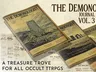 A collection of booklets titled "The Demonologist Journal Vol. 3" is prominently displayed, featuring a cover illustration that includes a stone monument set against a mountainous landscape, with the subtitle "Nordic Edition." The journal is positioned alongside earlier volumes, showcasing their similar design. Below the journals, the text reads, "A treasure trove for all occult TTRPGs," emphasizing the thematic focus on occultism and roleplaying games.