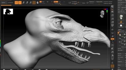 A close-up view of a digital sculpting project in ZBrush, showcasing a stylized dinosaur head. The model is primarily in a gray, untextured state, highlighting the intricate details of the scales and facial features, including a prominent eye and sharp teeth. The interface of ZBrush is visible at the top, displaying various sculpting tools and settings.