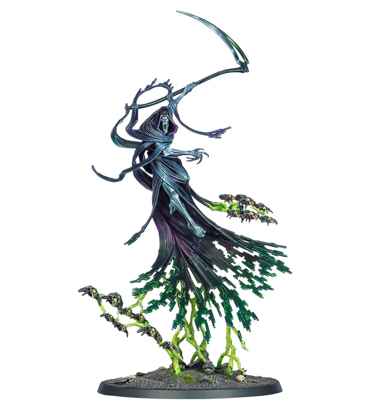 A dynamic model of the Necron Shard of the Nightbringer features a tall, ethereal figure draped in a flowing cape that transitions from dark purple to green. The character wields a large scythe and is surrounded by swarms of Scarabs, with a base that includes small skulls and a textured surface. The overall design emphasizes elegance and menace, showcasing the character's iconic elements in a modern style.