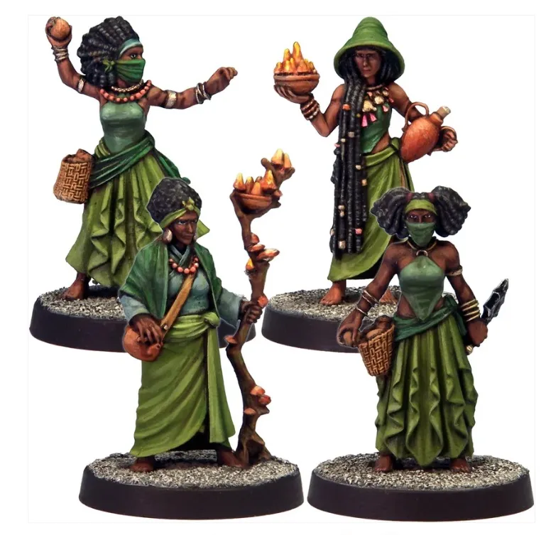 Four green-robed women with torches, baskets, and staffs on circular bases.