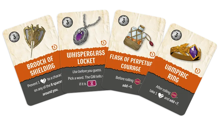 Three game cards are displayed, each featuring distinct illustrations and text. The first card, titled 
