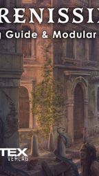 A detailed illustration depicts a dark, atmospheric scene of Renaissance Venice, featuring crumbling buildings and overgrown vegetation. In the foreground, a book titled "SERENISSIMA OBSCURA" is prominently displayed, showcasing intricate artwork that hints at themes of horror and mystery. The text "Setting Guide & Modular Adventure" is featured above the book, alongside the Vortex Verlag logo, enhancing the promotional aspect of the image.