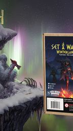 A rocky, snow-covered cliffside is depicted, with a mystical aurora borealis illuminating the sky in shades of green and purple. In the foreground, a box for the "Set a Watch: Winterlands" expansion is prominently displayed, featuring dark fantasy artwork that includes shadowy figures and a menacing creature. The title "SET A WATCH WINTERLANDS" is boldly presented at the top, emphasizing the game's theme and expansion details.