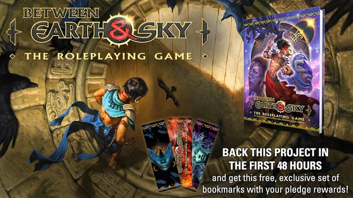 A fantasy-themed tabletop game box titled Between Earth & Sky: The Roleplaying Game, featuring a purple cover with illustrated characters in dynamic poses. Below, two bookmarks in colorful sleeves with game branding.