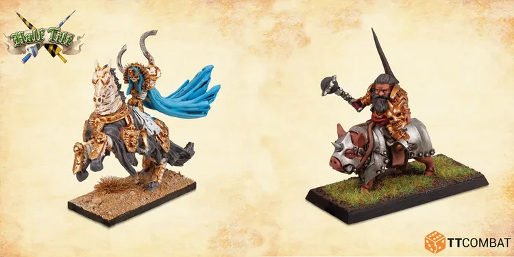 A miniature figure of a dwarf knight rides a heavily armored pig, adorned with spikes and a silver saddle, while holding a bell in one hand and a sword in the other. The dwarf has a long beard and wears ornate golden armor. To the left, a blue, feathered creature stands, possibly a fantastical mount, against a textured beige background. Both figures are mounted on bases with green grass.