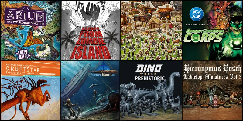 Six tabletop game covers: Zombicide, village scene, Green Lantern, Dino World, Pocket Nautilus, Hieronym.