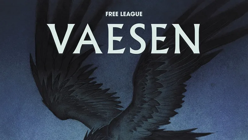 A large, ominous black bird with glowing yellow eyes soars through a twilight sky, its wings spread wide. Below, a dark silhouette of a Gothic cityscape features pointed towers and intricate architecture, hinting at a mysterious atmosphere. Ethereal, ghostly figures appear to float in the air, enhancing the eerie tone of the scene, while the title "VAESEN" is prominently displayed at the top.