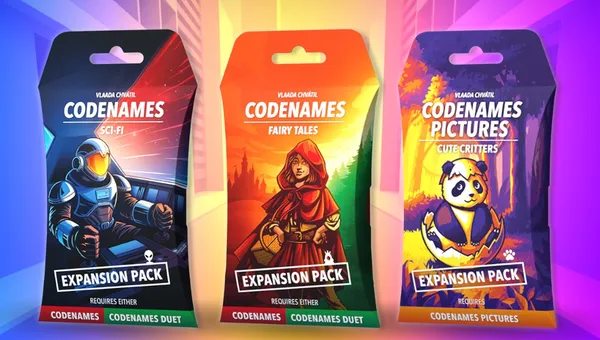 Three expansion packs for the party word game Codenames are displayed: "Sci-Fi," "Fairy Tales," and "Cute Critters." Each pack features vibrant artwork, with the "Sci-Fi" pack showcasing a character in a futuristic setting, the "Fairy Tales" pack depicting a girl in a red cloak against a colorful forest backdrop, and the "Cute Critters" pack featuring a playful panda. Each pack is labeled as an "Expansion Pack" and indicates compatibility with either Codenames or Codenames Duet.