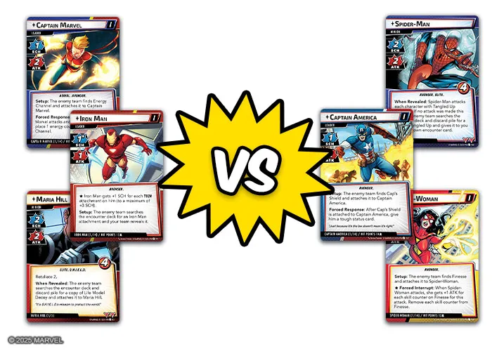A dynamic arrangement of Marvel Champions: The Card Game character cards features Captain Marvel, Iron Man, Maria Hill, Captain America, Spider-Man, and Scarlet Witch, each showcasing their unique abilities and stats. The cards are positioned around a bold, yellow 