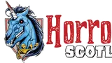 A stylized logo features a blue unicorn with a fierce expression, showcasing sharp teeth and a prominent horn. The unicorn is adorned with a golden collar and is set against a shield-like background. The text "Horror Scotland" is prominently displayed in bold, red letters, with a distressed texture, emphasizing the event's horror theme.