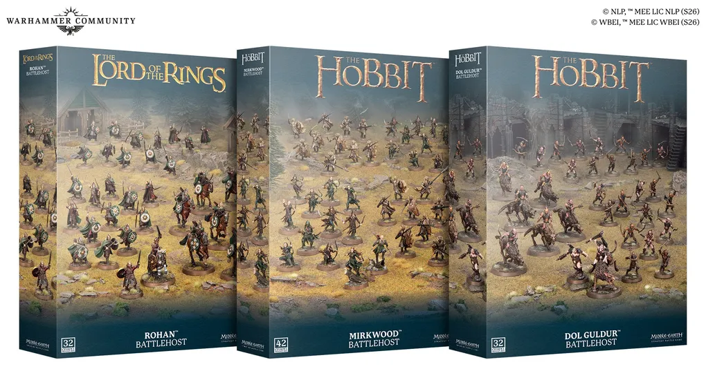 Two boxes labeled "Mirkwood Battlehost" and "Dol Guldur Battlehost" with miniature figures and "The Hobbit" text.