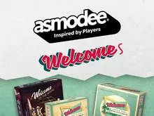 Asmodee logo, "Welcome S" text, three game boxes: Welcome to the Moon, Welcome to Your Perfect Home.