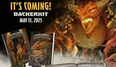A dramatic illustration features a fierce dragon with large, menacing horns and an open mouth, set against a backdrop of a dark, rocky dungeon. In the foreground, two books titled "World's Largest Dungeon" are displayed, alongside an open book revealing intricate artwork. The text at the top announces the upcoming release date of May 13, 2025, and emphasizes the campaign's return through BackerKit.