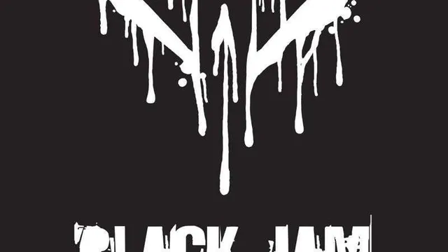 Stylized white line-art illustration on a black background depicting two skeletal hands gripping each other by the wrist. Below the hands, bold white capital letters read "BLACK JAM." Underneath, smaller white text reads "A POST-APOCALYPTIC OSR ADVENTURE."