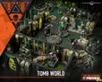 A detailed tabletop gaming scene depicts a modular Necron-themed killzone from the Warhammer 40,000 universe, featuring various miniatures. In the foreground, a Deathwatch Space Marine stands ready for battle, while several Necron warriors are positioned throughout the environment, which includes intricate walls adorned with glowing green elements and a circular teleportation pad. The overall atmosphere is dynamic, showcasing the impending conflict between the two factions in a richly designed setting.