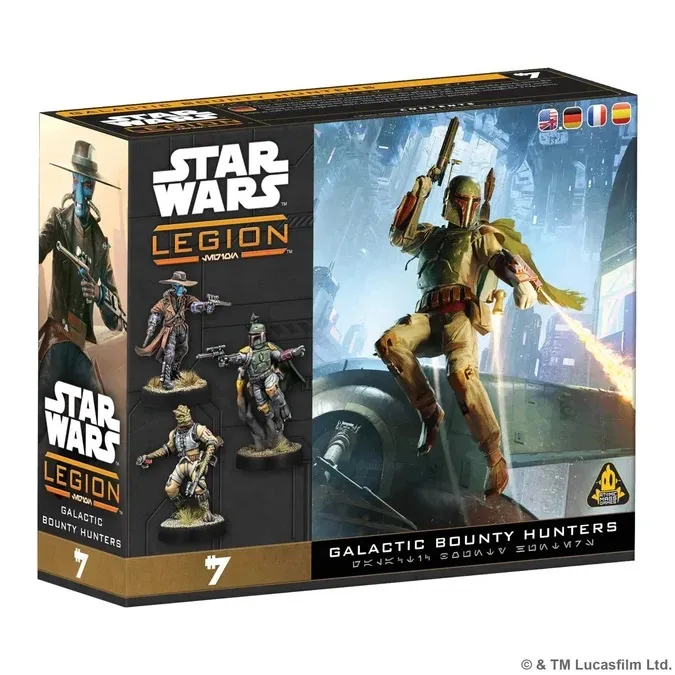 Star Wars Legion Galactic Bounty Hunters box with miniatures and text.