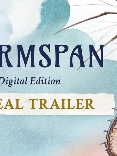 The image features the title "Wyrmspan" prominently displayed in large, elegant font, accompanied by the subtitle "Digital Edition" in a smaller size. A dragon's tail, intricately detailed, curves around the bottom right corner, while a soft watercolor background in shades of blue and white creates a whimsical atmosphere. The text "REVEAL TRAILER" is highlighted in a bold, golden font across the center, indicating the announcement of the game's digital adaptation.