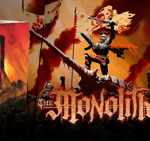 Armored figure on a skull, holding a flag with text "The Monolith" below.