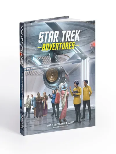 A hardcover book titled "Star Trek Adventures: The Roleplaying Game Species Sourcebook" is prominently displayed, featuring a colorful cover illustration. The scene depicts a diverse group of characters, including various alien species and Starfleet officers, gathered in a futuristic setting resembling a starship interior. The background showcases sleek technology and a large circular device, emphasizing the sci-fi theme of the Star Trek universe.