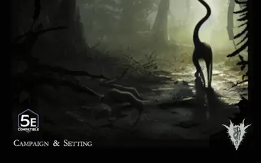 "Cats of Ulthar" text, dark forest, black cat silhouette, "5E Compatible Campaign & Setting" text.