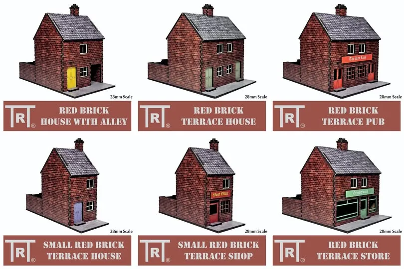 A collection of six 28mm scale MDF buildings is displayed, featuring a red brick design. The buildings include a "Red Brick House with Alley," "Red Brick Terrace House," "Red Brick Terrace Pub," "Small Red Brick Terrace House," "Small Red Brick Terrace Shop," and "Red Brick Terrace Store." Each building showcases distinct features, such as varying door colors and signage options, suitable for various historical genres.