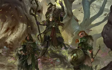 "Beyond the Woods" text above a forest scene with three figures: one with antlers, one with a staff, one with a shield.