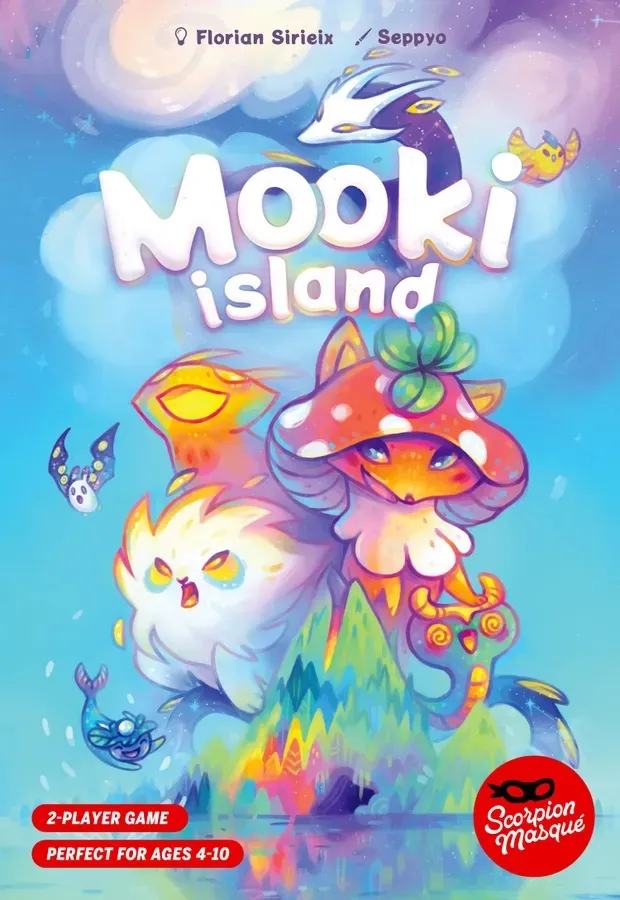 Bright blue background with colorful, cartoon-style illustrations. At the top, the text "Mooki island" is displayed in large white letters. Below the text, two whimsical creatures stand on a vibrant, multicolored landscape. The creature on the left is white with orange and yellow accents, wide eyes, and an open mouth. The creature on the right has a red and white polka-dot mushroom-shaped cap with a green clover on top, orange and yellow fur, and a curled tail. In the background, there are flying creatures: a bat-like figure with stars on its wings and a small, ghost-like figure. Additional small creatures, including a blue mermaid-like figure and a crab, are visible near the bottom.