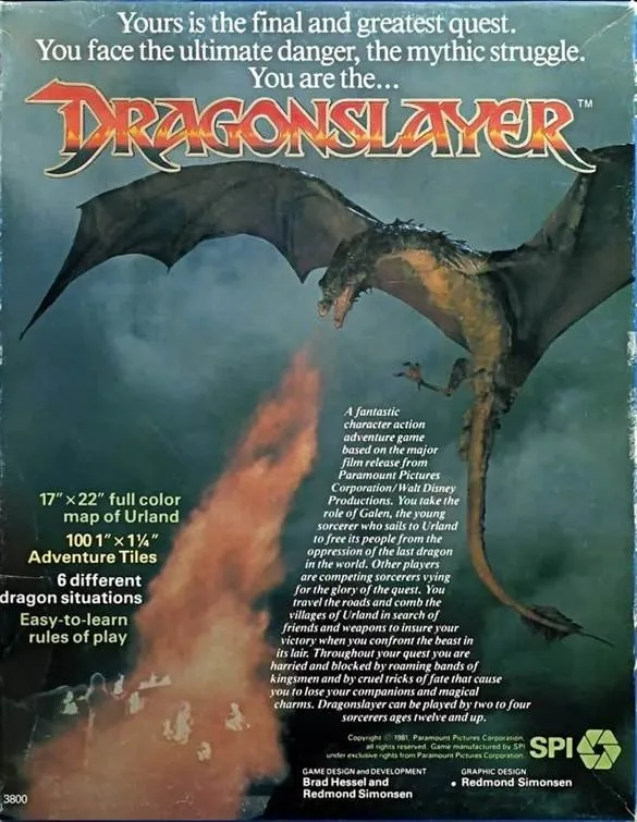 Dragonslayer title, dragon breathing fire, dark sky