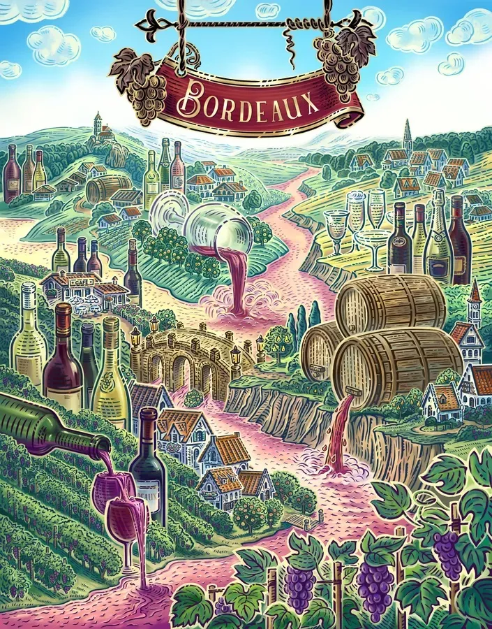 A vibrant, illustrated scene of the Bordeaux wine region. Rolling green vineyards stretch across the landscape, dotted with small houses and a stone aqueduct. A winding river flows through the center, with red wine pouring from bottles and barrels into the water. Multiple wine bottles, glasses, and wooden barrels are scattered throughout the scene. In the background, a village with houses and a church sits among the hills. A decorative banner at the top reads "Bordeaux," flanked by grape clusters.