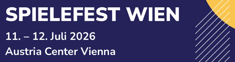 A promotional graphic for Spielefest Wien features bold white text on a deep blue background. The event name "SPIELEFEST WIEN" is prominently displayed at the top, followed by the dates "11. – 12. Juli 2026" and the location "Austria Center Vienna." The design includes dynamic lines on the right side, adding a modern touch to the overall layout.