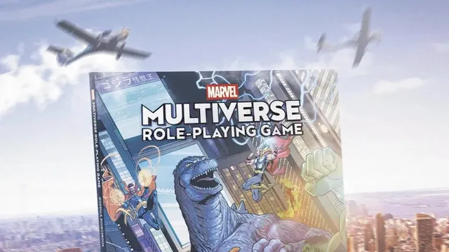 Marvel Multiverse Role-Playing Game Godzilla Sourcebook cover with Godzilla and heroes on a skyscraper.