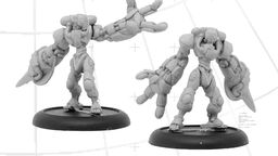 Two miniature figures of Assault Androsynths are displayed, showcasing a futuristic design with mechanical limbs and a humanoid form. One figure stands in a dynamic pose with an outstretched arm, while the other is slightly turned, highlighting its detailed features. The background includes a grid pattern, and the text "COMING SOON - Assault Androsynths" is prominently featured at the bottom.