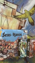 A vibrant illustration features the board game "Seas of Havoc" prominently displayed in the foreground, alongside its expansions "First Mates" and "Sea Monsters." Behind the game boxes, a ship with billowing sails is depicted, while a green parrot flies above, adding a lively touch to the scene. The image also includes "The Dice Tower Seal of Excellence" badge, highlighting the game's recognition.