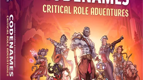 The box cover for "Codenames: Critical Role Adventures" features a vibrant illustration of several iconic characters from the Critical Role universe. In the foreground, a diverse group of adventurers is depicted, including a large, muscular character wielding a weapon, a spellcaster with glowing hands, and a character holding a lute. The background showcases a colorful sunset with silhouettes of trees and mountains, while the title "Codenames: Critical Role Adventures" is prominently displayed at the top in bold, stylized lettering.