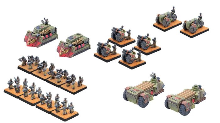 A collection of miniature models for a tabletop game, featuring two types of armored vehicles: a Matryona Heavy Transport and Omsk Cryo Transports, both in green and beige colors with red accents. Accompanying the vehicles are several Salyut Heavy Troopers, depicted in various poses, equipped with weapons. The models are displayed on a sandy base, emphasizing their military theme and readiness for action.