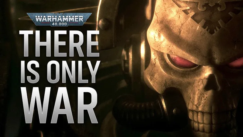A dark, atmospheric background features the bold text "THERE IS ONLY WAR" in large, metallic letters, emphasizing the grim tone of the Warhammer 40,000 universe. Above the text, the iconic Warhammer 40,000 logo is prominently displayed, adding to the overall theme of conflict and battle. The image conveys a sense of urgency and intensity, fitting for the announcement of the upcoming 11th Edition.