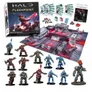 A boxed set for "Halo: Flashpoint" titled "Rise of the Banished" is prominently displayed, featuring a vibrant gaming board with red and gray terrain elements. Surrounding the box are various miniatures, including armored figures and alien characters, showcasing a mix of colors like blue, red, and green. Additional components such as dice, tokens, and a rulebook titled "Defiance" are also visible, enhancing the game's playability.