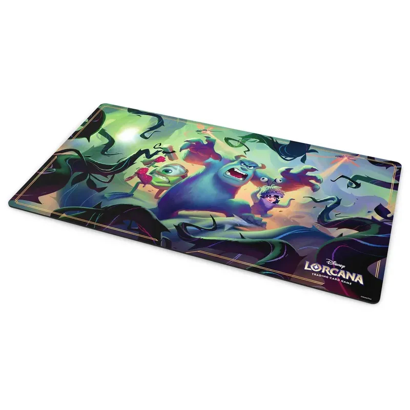Lorcana playmat with colorful animated characters and vines, "Disney Lorcana Trading Card Game" text.