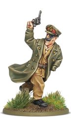 A miniature figure of Lieutenant-General Sir Adrian Carton de Wiart VC is depicted in a dynamic pose, raising a revolver in one hand while wearing a military uniform complete with a long coat and a peaked cap adorned with insignia. The figure stands on a circular base featuring tufts of grass and earthy terrain, emphasizing a battlefield setting. The detailed paintwork highlights his facial features, including a mustache and sunglasses, capturing a spirited and commanding presence.