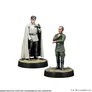 Two unpainted miniatures from the Star Wars: Legion game are displayed on black bases. On the left, a tall Imperial officer in a gray uniform and black boots stands with a commanding posture, wearing a cape and holding a device in his right hand. To the right, a shorter officer in a green uniform stands with his arms crossed, displaying a thoughtful expression. Both figures are set against a simple, textured base that suggests a rocky terrain.