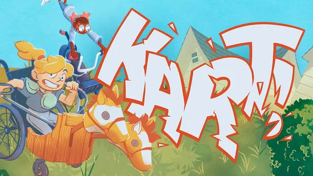 Large white and orange text "KART" with a cartoon house and grass background.