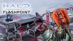 A detailed gaming scene from Halo: Flashpoint features a futuristic battlefield with intricately designed terrain and structures. In the foreground, a blue-armored character stands on a raised platform, while two red-armored figures engage in action nearby. The backdrop showcases a variety of buildings with sci-fi elements, emphasizing the game's immersive environment. The title "HALO FLASHPOINT" is prominently displayed at the top.
