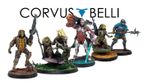 Five intricately designed miniatures are displayed against the Corvus Belli logo. From left to right, a futuristic soldier in yellow and black armor stands with a rifle, followed by a green-skinned character with a weapon, a central figure in sleek armor wielding a large gun and glowing sword, a character in tactical gear with a mask, and a soldier in blue armor holding a spear. Each miniature showcases detailed features and dynamic poses, highlighting their unique designs and roles within the game universe.