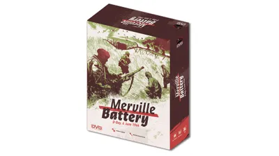 A box for the board game "Merville Battery" features a dramatic illustration of soldiers in a grassy landscape, preparing for an assault. The title "Merville Battery" is prominently displayed in bold, stylized text, with the subtitle "D-Day, 6 June 1944" beneath it. The color palette includes muted greens and reds, enhancing the historical theme of the game.